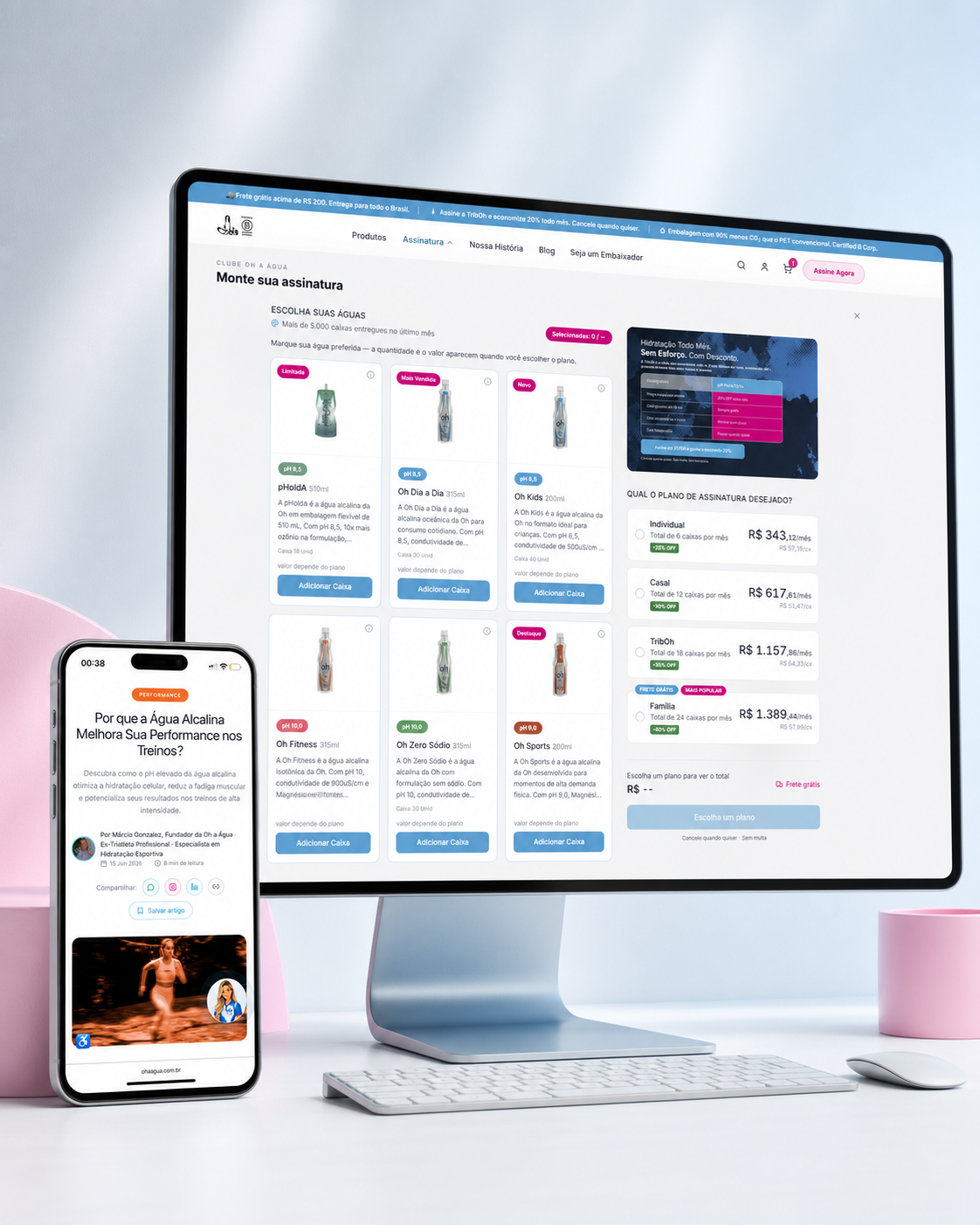 Mockup do fluxo de assinatura e checkout mobile da Oh a Água